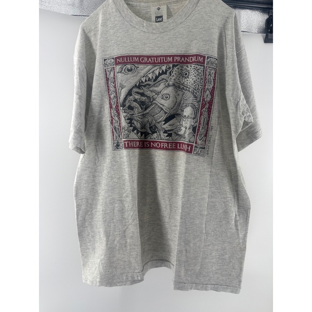 Vintage 1989 Ray Troll There Is No Free Lunch T-Shirt Lee Heavy Cotton XL Gray